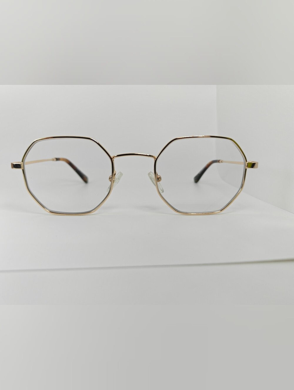 Soar. Octagonal Metal Frame Glasses in Gold. Petite, Youth. Tortoise Temples.